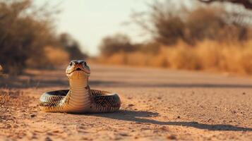 A curious snake coiled on a dusty road in a natural environment photo