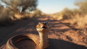 Close up image showing a snake on a dirt road photo