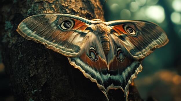 A large colorful moth with patterned wings on a tree photo