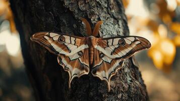 A beautiful moth rests peacefully on a tree trunk calmly photo