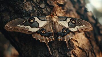 A Large Moth Resting Upon a Textured Tree Trunk photo