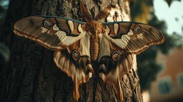 A large moth rests peacefully on the rough surface of a tree photo