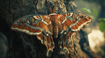 A large beautifully patterned moth resting on a tree trunk photo
