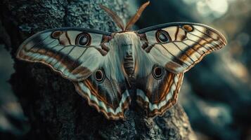 A detailed macro photograph featuring a large moth in nature photo