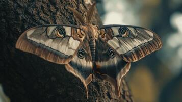 A detailed image of a large moth resting on tree bark photo