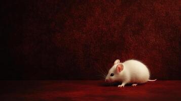 A white mouse standing on a rich burgundy colored surface photo