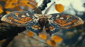 A close up view of a colorful moth on a branch photo