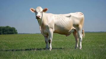 A light cream colored cow standing calmly in a green field photo