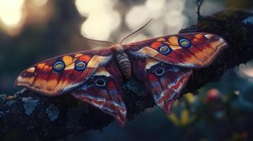 A beautiful moth with intricate patterns rests on a branch photo