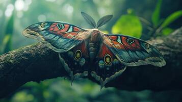 A beautifully colored moth resting gently on a mossy tree branch photo