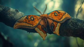 A colorful moth rests upon a tree branch within its habitat photo