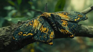 A vibrant moth resting on a weathered branch with colorful wings photo