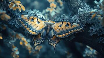 A colorful moth perched on a mossy branch amid foliage photo