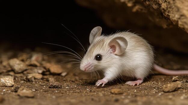 A small mouse with long whiskers sits on the ground photo