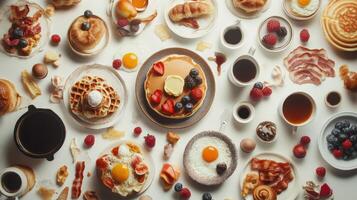 A delicious and varied breakfast spread viewed from above photo