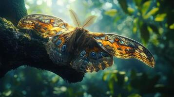 A detailed image shows a beautiful moth perched on a branch photo