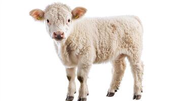 A young white calf standing alone against a white background photo