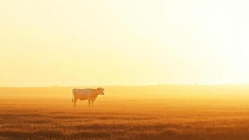 A lone cow stands gracefully in a field at sunrise photo