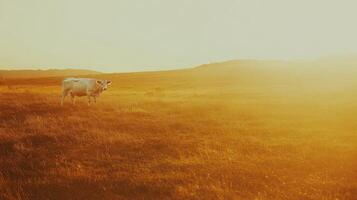 A single cow stands gracefully in a sunlit grassy field photo