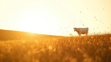 A lone cow standing in a golden field at sunset time photo