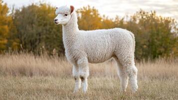 A fluffy white alpaca standing gracefully in a grassy field setting photo