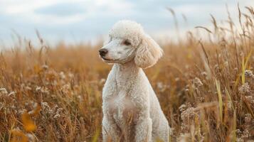 A white poodle dog sits in a field of tall grass photo