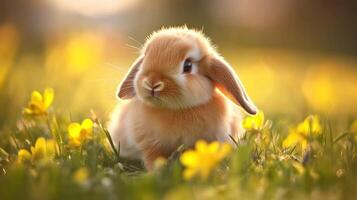 A fluffy rabbit sits peacefully amidst sunny yellow wildflowers and grass photo