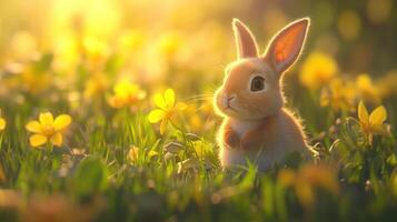 An adorable fluffy bunny sitting in a field of wildflowers photo
