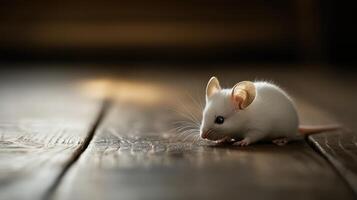 A small white mouse is on wooden floorboards looking around photo