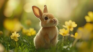 An adorable fluffy rabbit sitting in a field of yellow flowers photo
