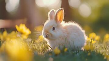 A fluffy bunny rabbit sits amid the wildflowers in golden sunlight photo