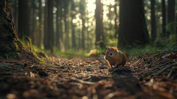 A small mouse explores a forest pathway through the sunlight photo