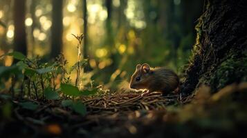 A small field mouse is in a lush forest scene photo