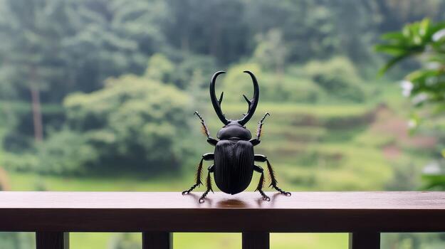 A large black beetle with impressive horns on a railing photo