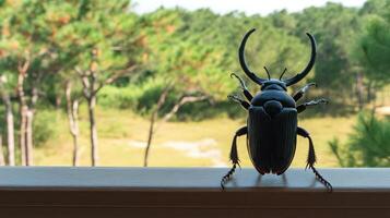 A dark beetle sculpture is displayed near green trees photo