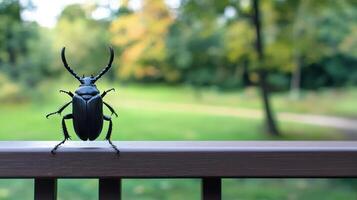 A detailed photograph of a large black beetle resting photo