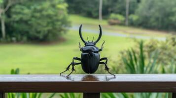 A Large Black Beetle Displayed on a Wooden Railing Outdoors photo