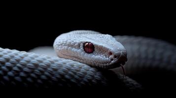 A close up portrait of a white snake in the dark photo