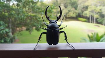 A large black beetle standing on a wooden railing outdoors photo