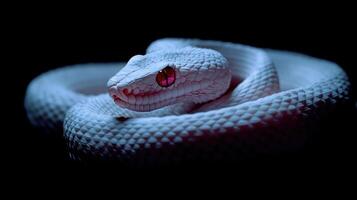 A coiled snake exhibiting an iridescent body with bright crimson eyes photo