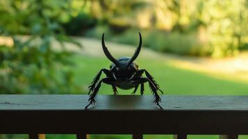 A large insect with distinctive horns rests outdoors on wood photo