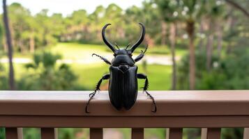 A Large Black Beetle Stands On A Brown Wooden Railing photo