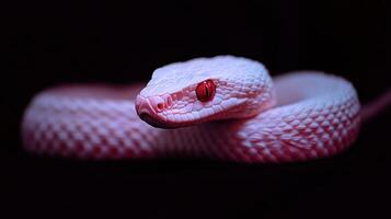 Albino snake with red eyes is coiled against a black background photo