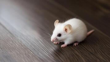 A tiny white mouse is cautiously exploring the wooden floor surface photo