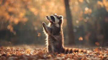 A small raccoon standing in fallen autumn leaves looks upwards photo