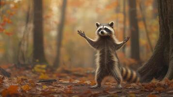 A raccoon standing upright with arms outstretched in an autumn forest photo