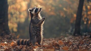 A raccoon standing on its hind legs looking upward in the forest photo