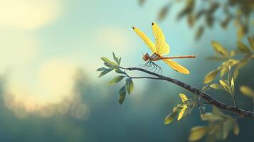A yellow dragonfly rests gently on a leafy tree branch photo