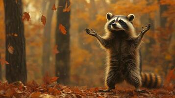 A Friendly Raccoon Stands And Watches Falling Autumn Leaves photo