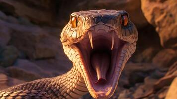 A close up of a snake with open jaws photo